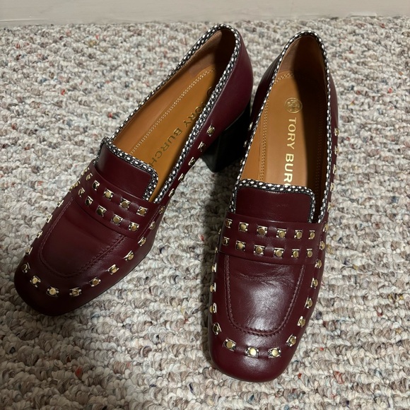 Tory Burch 55mm Studded Loafer Block Heel Slip On Royal Burgundy- Size 10 - Picture 6 of 12